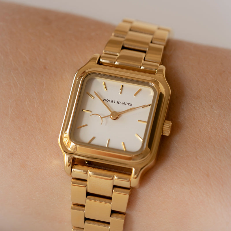 Violet Hamden Dawn Base Quadratische Damenuhr Goldfarben und Weiß VH09040-zoom-