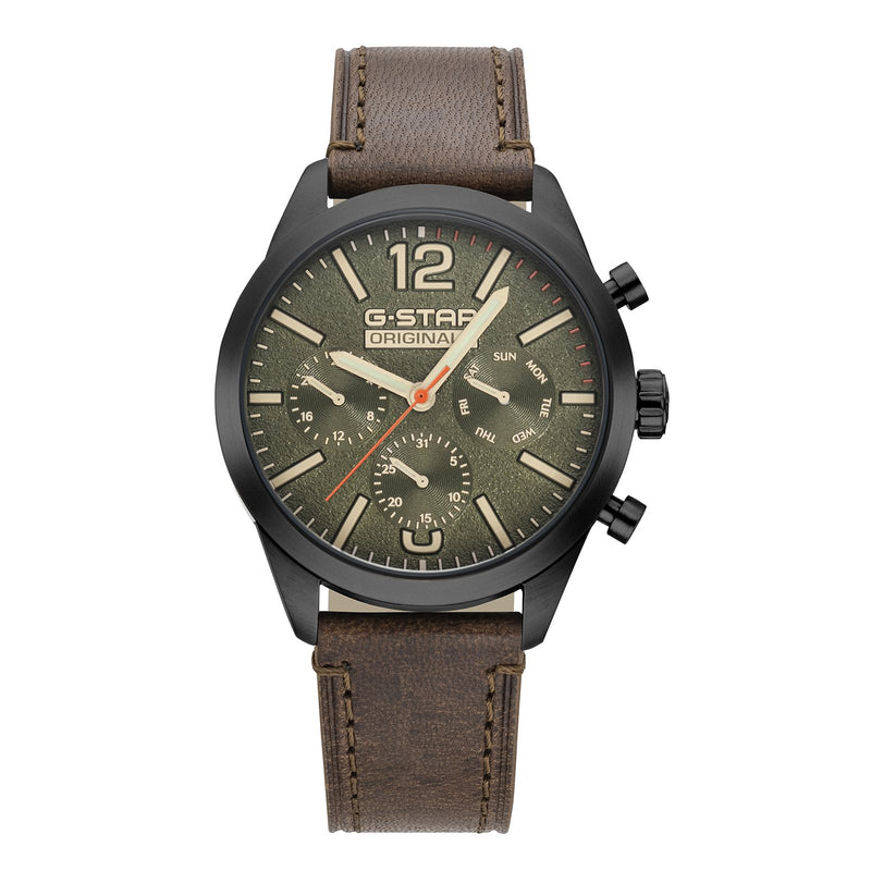 G-STAR Originals Schwarze Stahl-Herrenuhr mit braunem Lederarmband GSW.504.03-zoom-