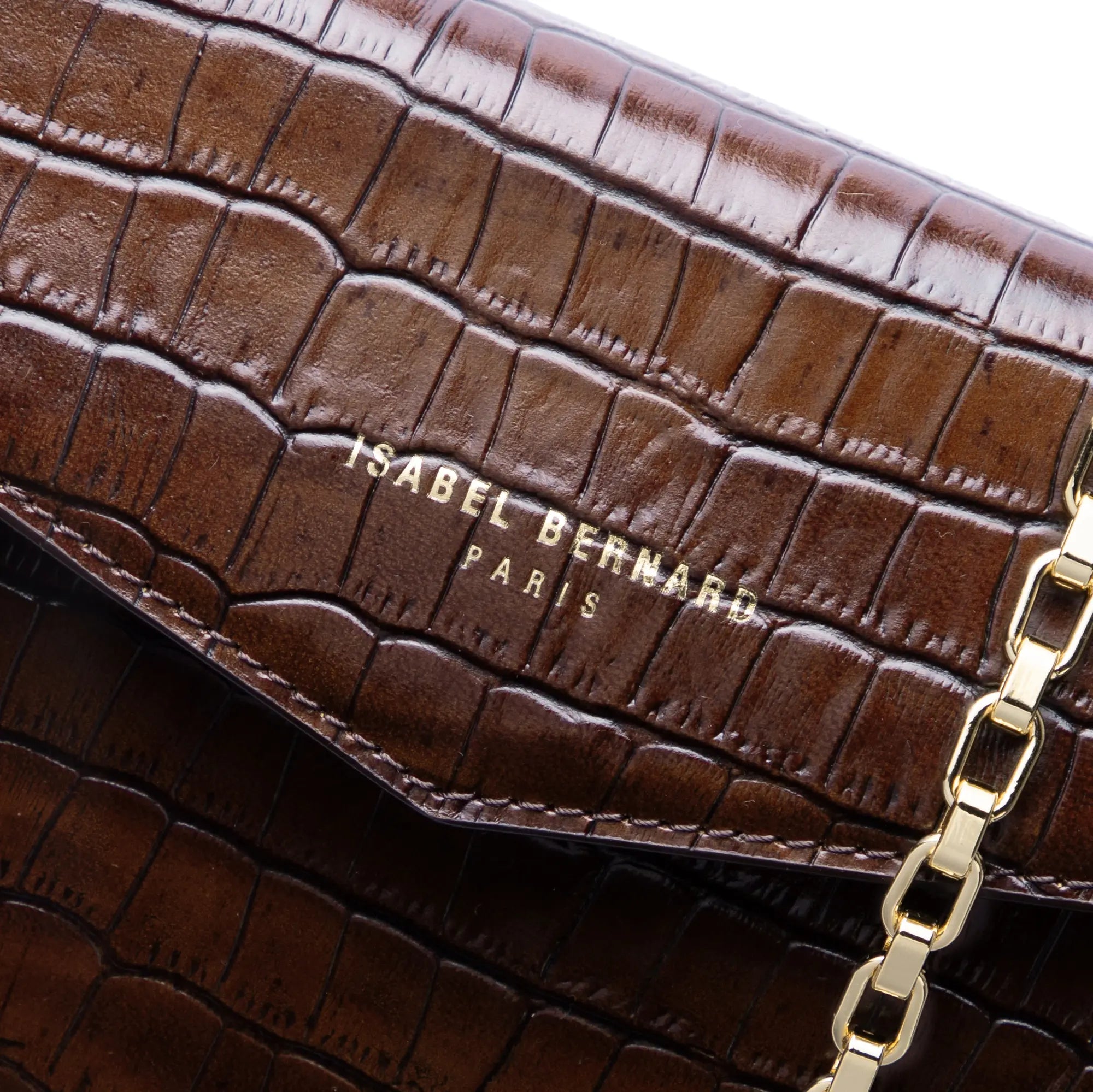 Isabel Bernard Honoré Lina Croco Brown Clutch With Detachable Shoulder Chain IB21135-230