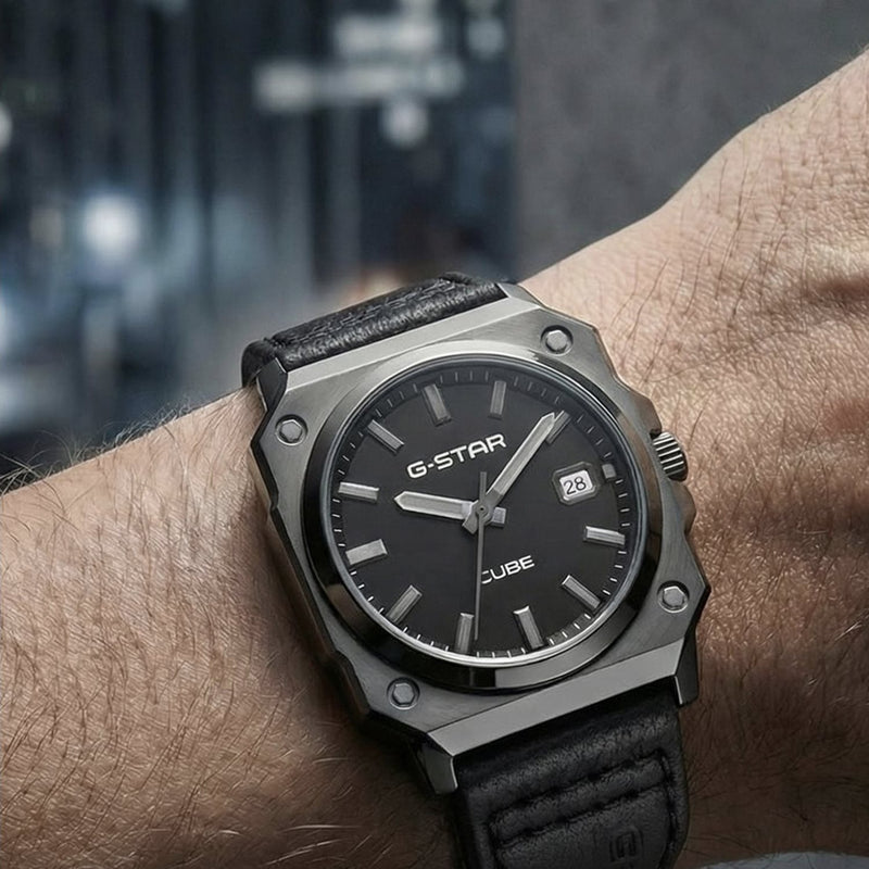 G-STAR Cube Schwarze Leder-Herrenuhr GSW.508.02-zoom-