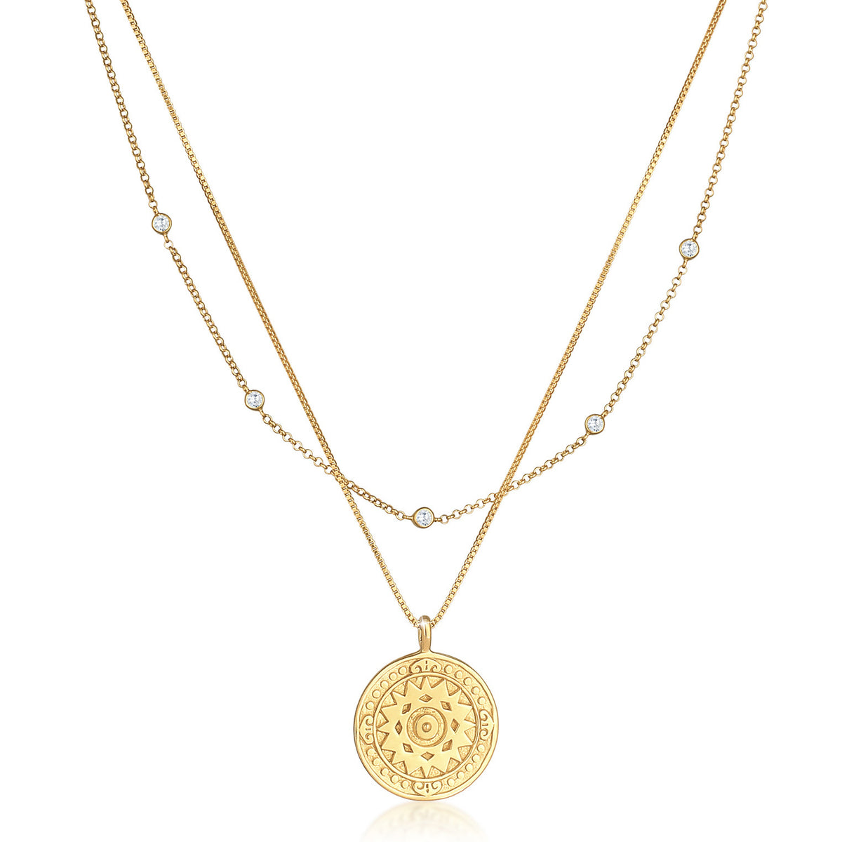 Elli 925 Sterling Silver Layered Coin Necklace with Zirconia 2004-BF-0008196-001