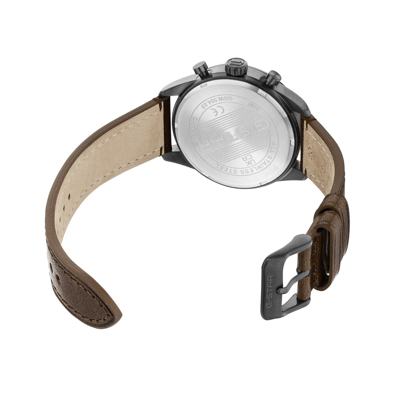 G-STAR Originals Schwarze Stahl-Herrenuhr mit braunem Lederarmband GSW.504.03-zoom-
