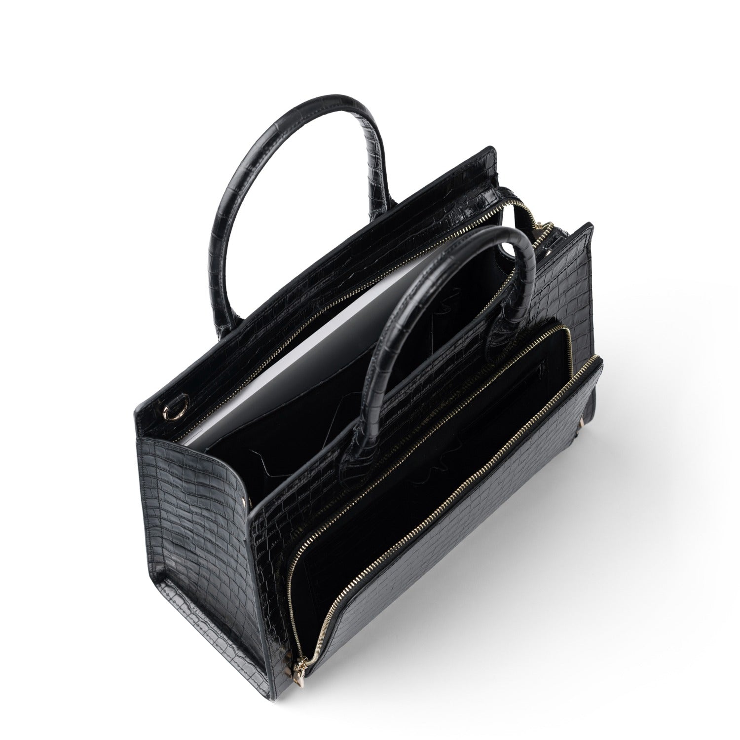 Isabel Bernard Honoré Nadine croco black calfskin leather handbag with 13 inch laptop compartment IB25110-201-13