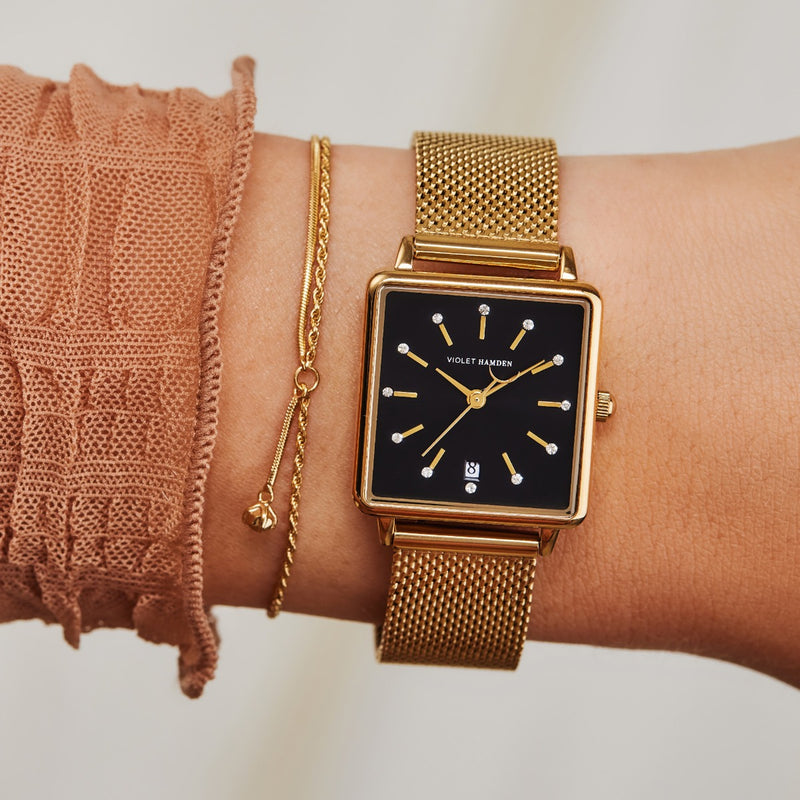 Violet Hamden Dawn Quadratische Damenuhr Goldfarben und Schwarz VH09015-zoom-