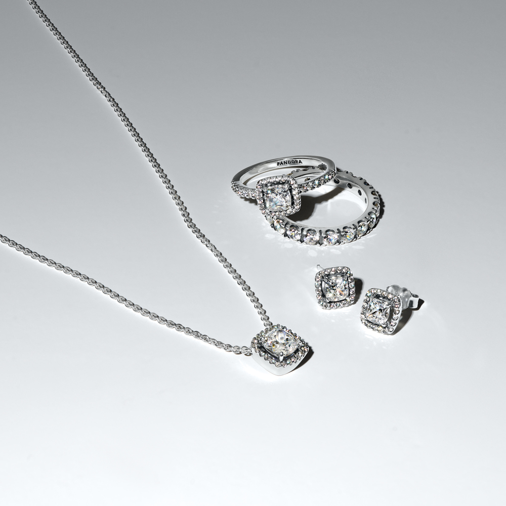 Pandora Timeless 925 Sterling Silver Square Halo Stud Earrings 293551C02