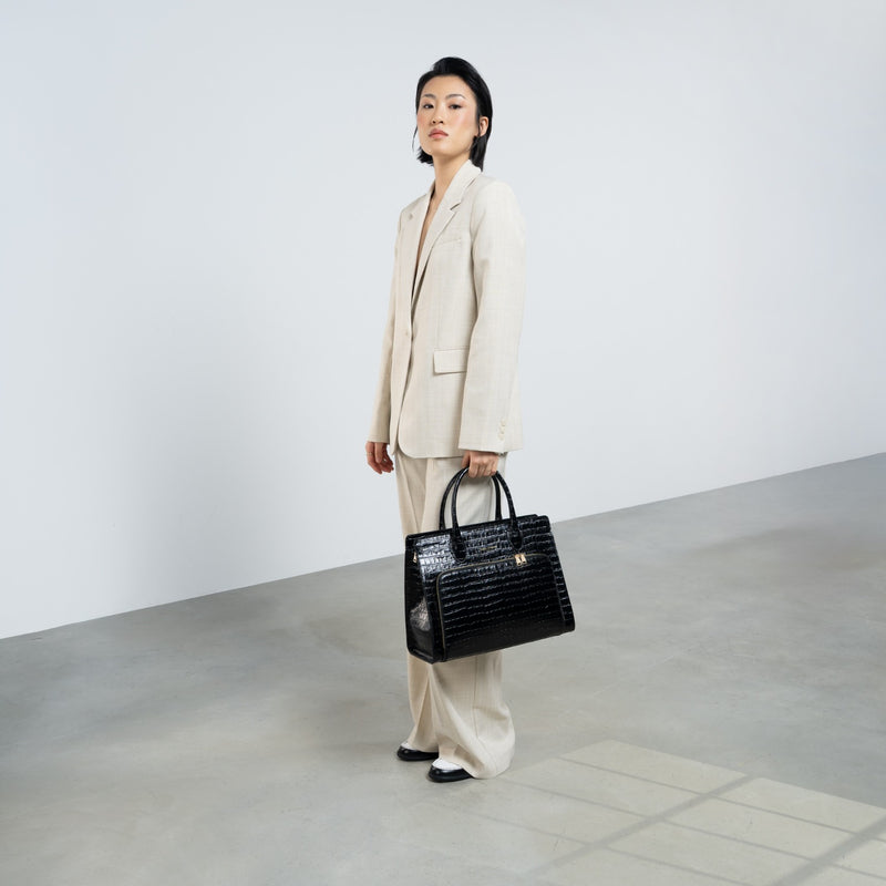 Isabel Bernard Honoré Nadine Kroko schwarze Handtasche aus Kalbsleder mit 13-Zoll-Laptopfach IB25110-201-13-zoom-