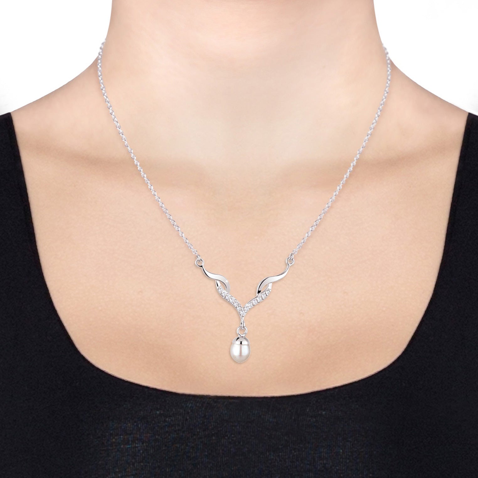 Elli 925 Sterling Silver Pearl Necklace with Zirconia 2004-BF-0007983-001