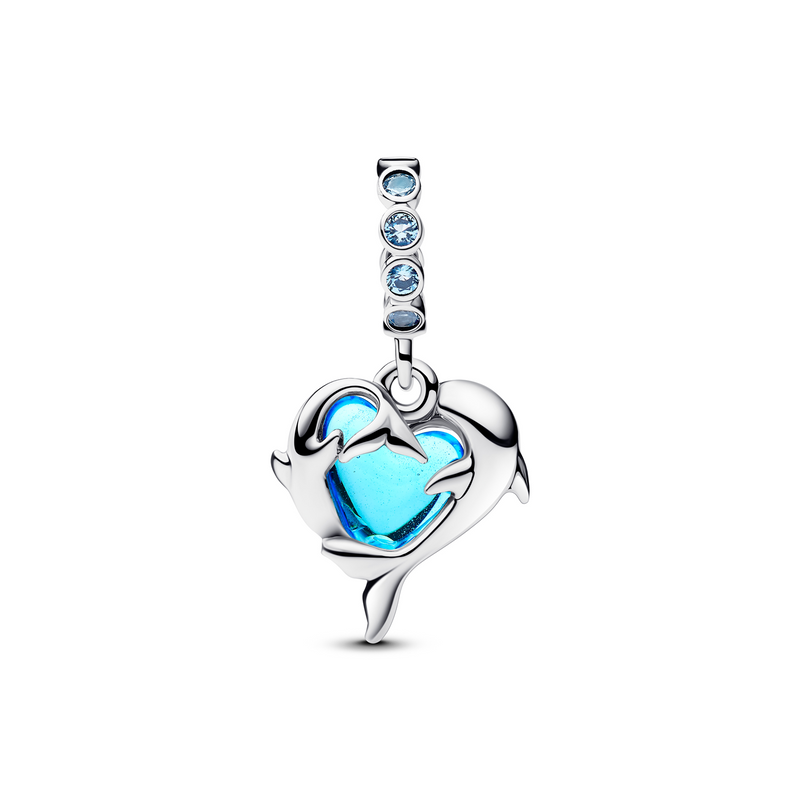Pandora Moments 925 Sterling Silver Blue Murano Glass Dolphins Dangle Charm 793924C01-zoom-