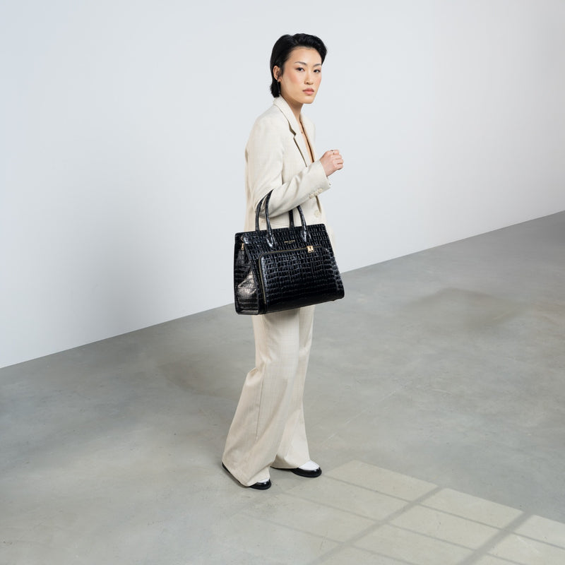 Isabel Bernard Honoré Nadine Kroko schwarze Handtasche aus Kalbsleder mit 13-Zoll-Laptopfach IB25110-201-13-zoom-