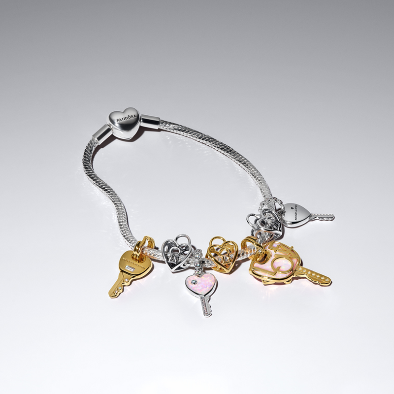 Pandora Moments Gold Plated Opal Pink Love Key Large Pendant Charm 764349C01-zoom-